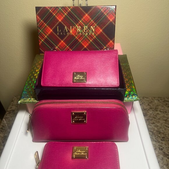 Like New:  Lauren Ralph Lauren Pink (2) Wallets and  (1) Make-up Bag Bundle - Picture 2 of 10